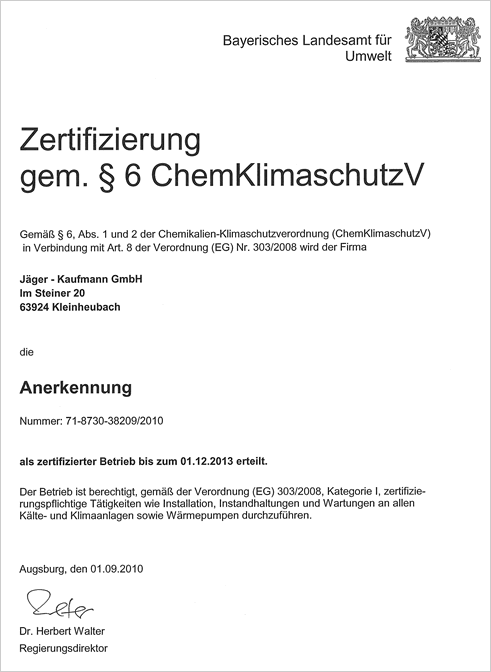 Zertifizierung der J&auml;ger & Kaufmann GmbH f&uuml;r Klimaschutz